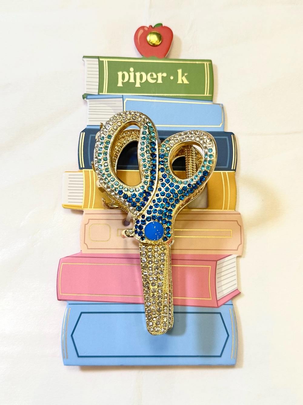 Piper K Gold Toned Scissors Hair Claw Clip w/ Blue & Clear Rhinestones